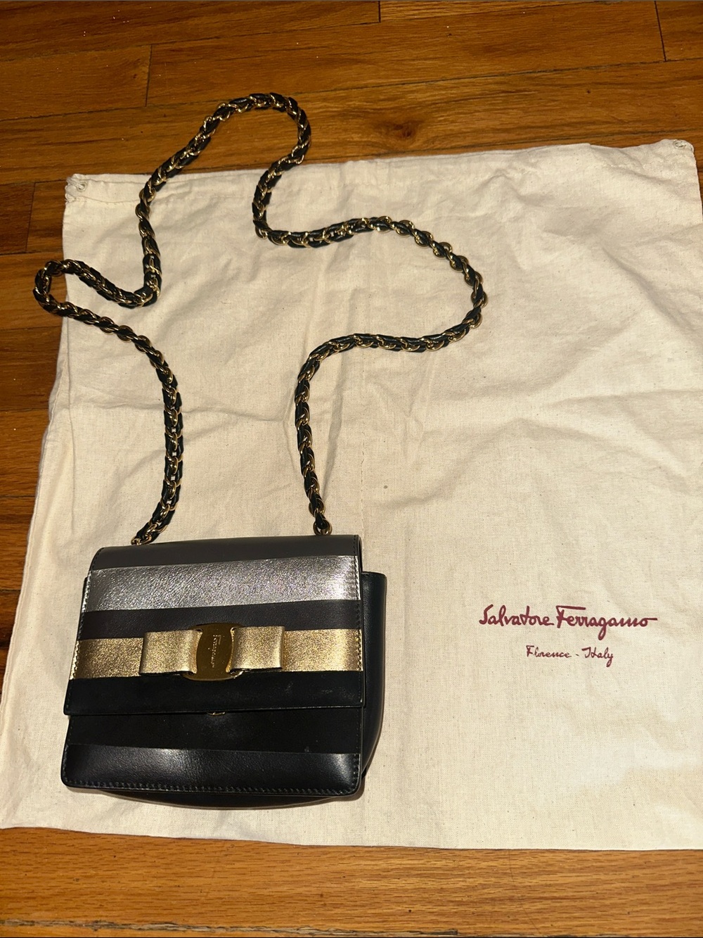 Salvatore Ferragamo Black with Gold and Silver Vara Bow Chain Crossbody